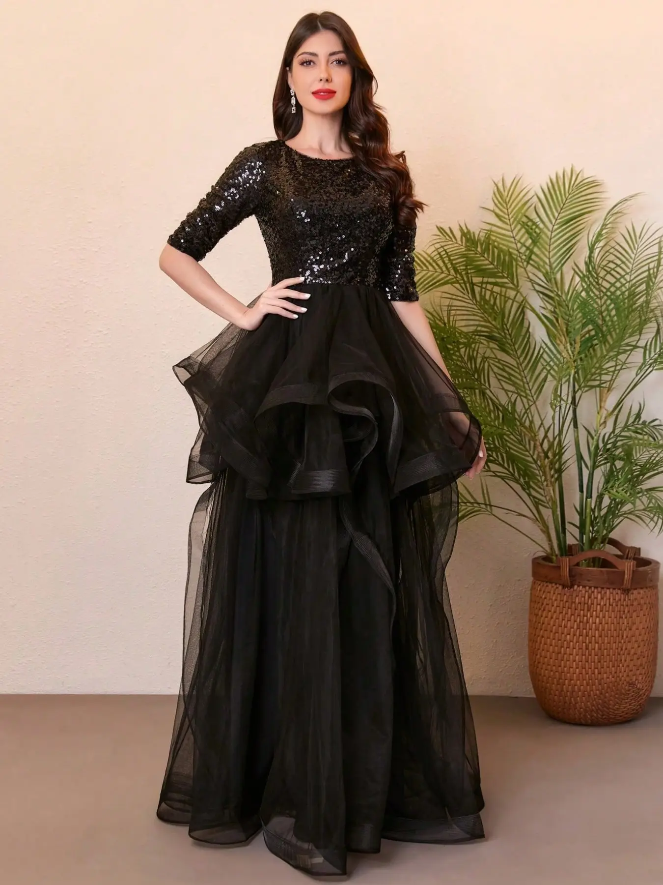 Elegant Long Sequin Formal Evening Gown, Puff Net Party Dress, Half Sleeve Round Neck, Perfect for Graduation Dance, School Party, Prom, Jayla Prom Dress