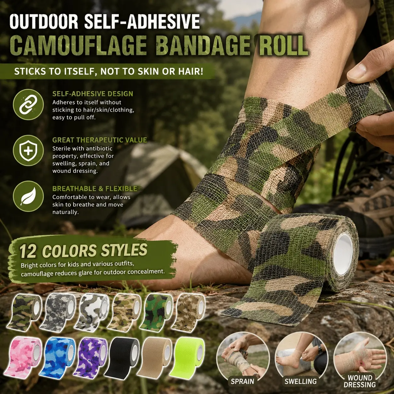 Waterproof Breathable Camo Self-Adhesive Bandage, Sports Injury First Aid Wrap for Ankle Wrist Knee Support, Reusable Self-Fixation Athletic Tape, Hiking Emergency Medical Supplies, Fitness Joint Protection Gear