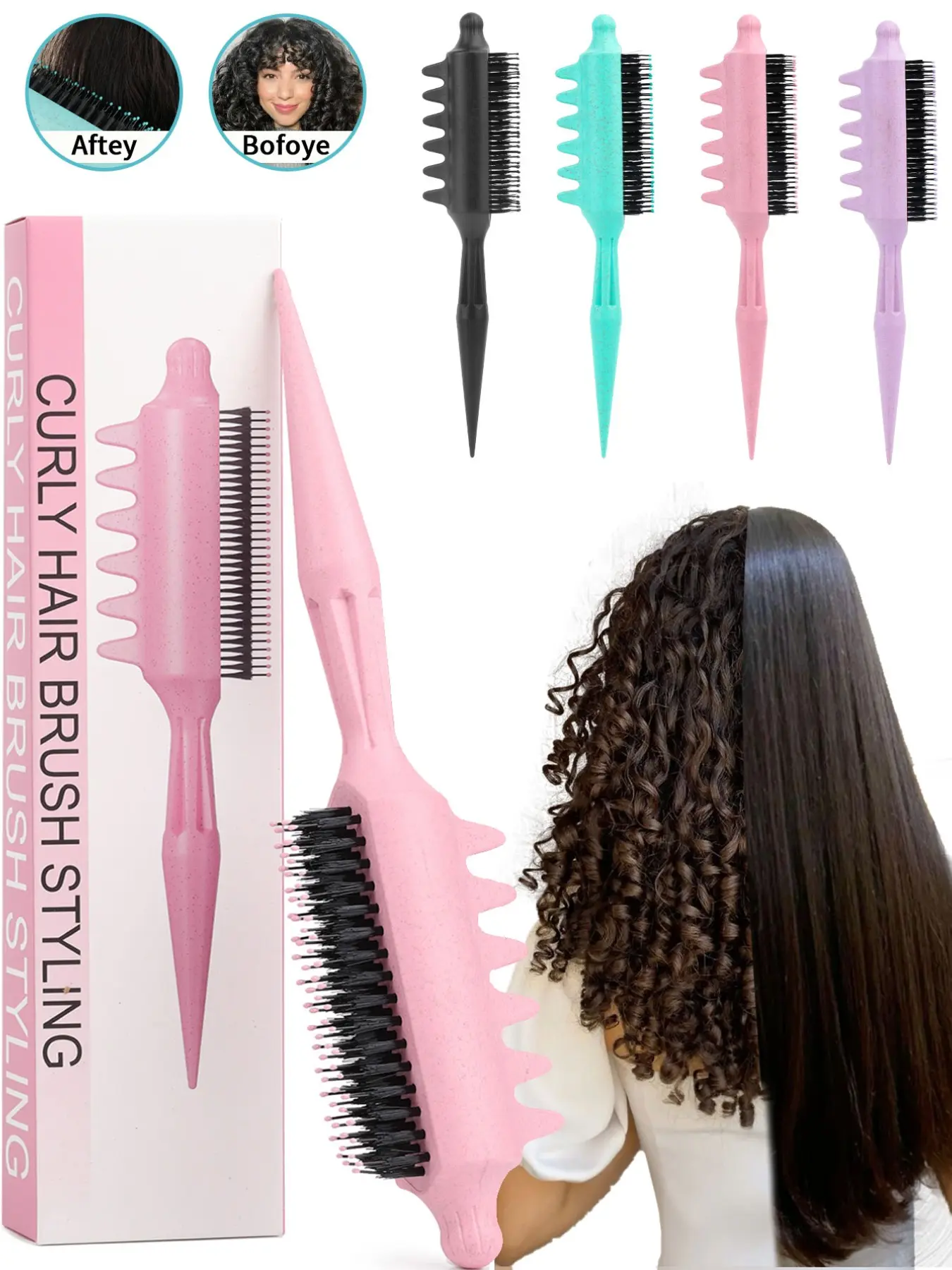 1PC Curly Hair Styling Brush, Wave-Edge Detangling & Smoothing, Nylon Pins with Soft Tips, Wet & Dry Use, For Curly/Wavy/Straight Hair, Home Salon Styling, Curling Brush