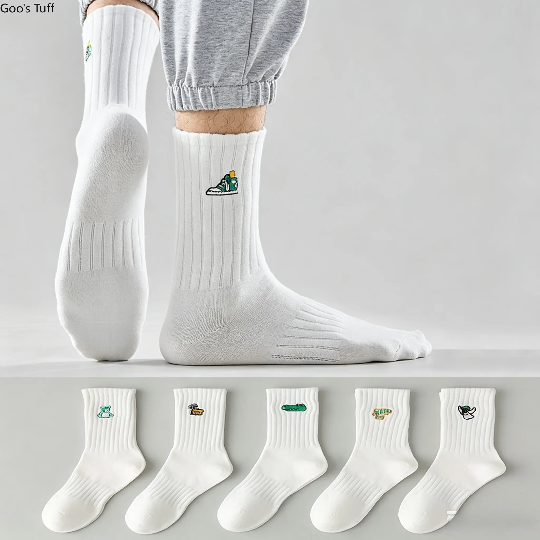 Men's 5-Pack Embroidered White Mid-Crew Socks - 100% Cotton Sports Socks for Spring Summer Daily Wear