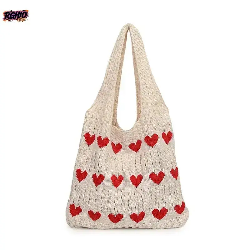 Unisex Crochet Heart Knitted Tote Bag, Textured Multi-Functional Shoulder Handbag, Versatile Carryall For Commute, Shopping, Gym And Outdoor Activities