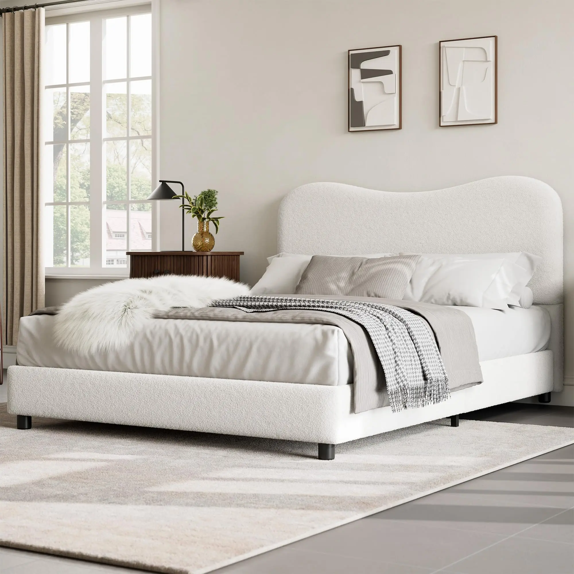 Garvee Boucle Headboard Bed Frame, Queen Size Velvet Upholstered Bed, Low Profile Design, Wood Slat Support, Easy Assembly (White, Queen (U.S. Standard))
