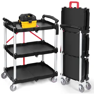 Folding Utility Cart with Wheels, Foldable Utility Service Cart, 3 Tier Collapsible Rolling Cart with 360°Swivel Wheels, Portable Cart for Home Garage