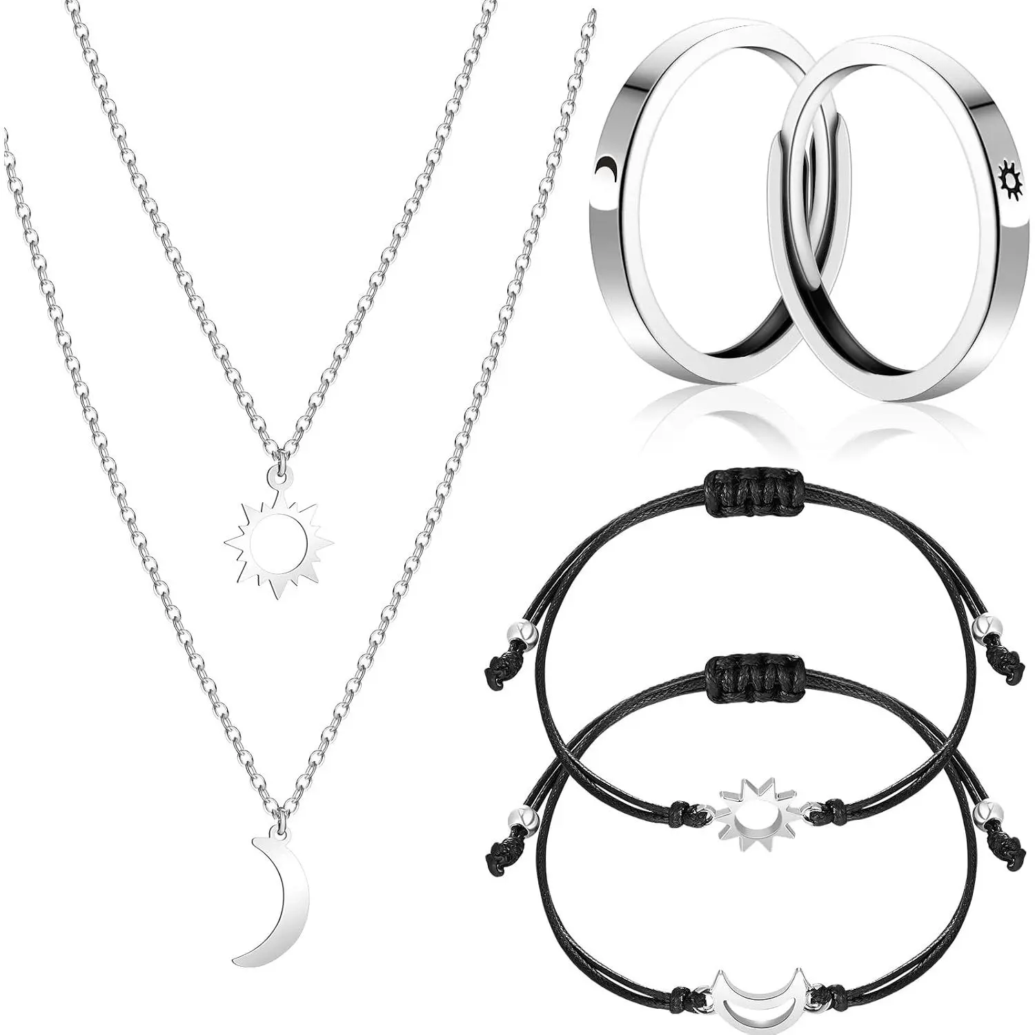6 count Sun and Moon  Set for   Include Matching Friendship Necklaces, Bracelets, Adjustable Rings  Gifts for BFF Couples Sisters