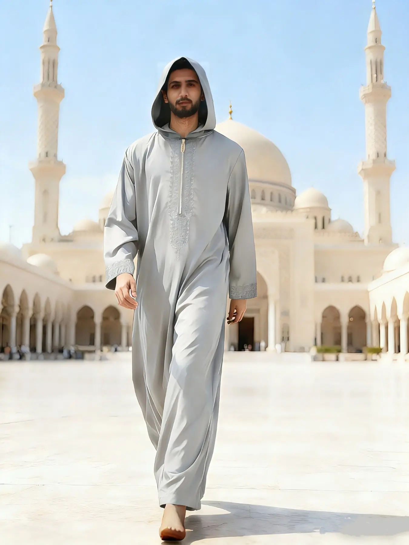 Men's Lightweight Hooded Robe, Embroidered Zipper Front, Loose Fit, Ideal for Middle Eastern Men, Perfect for Festivals and Pilgrimages