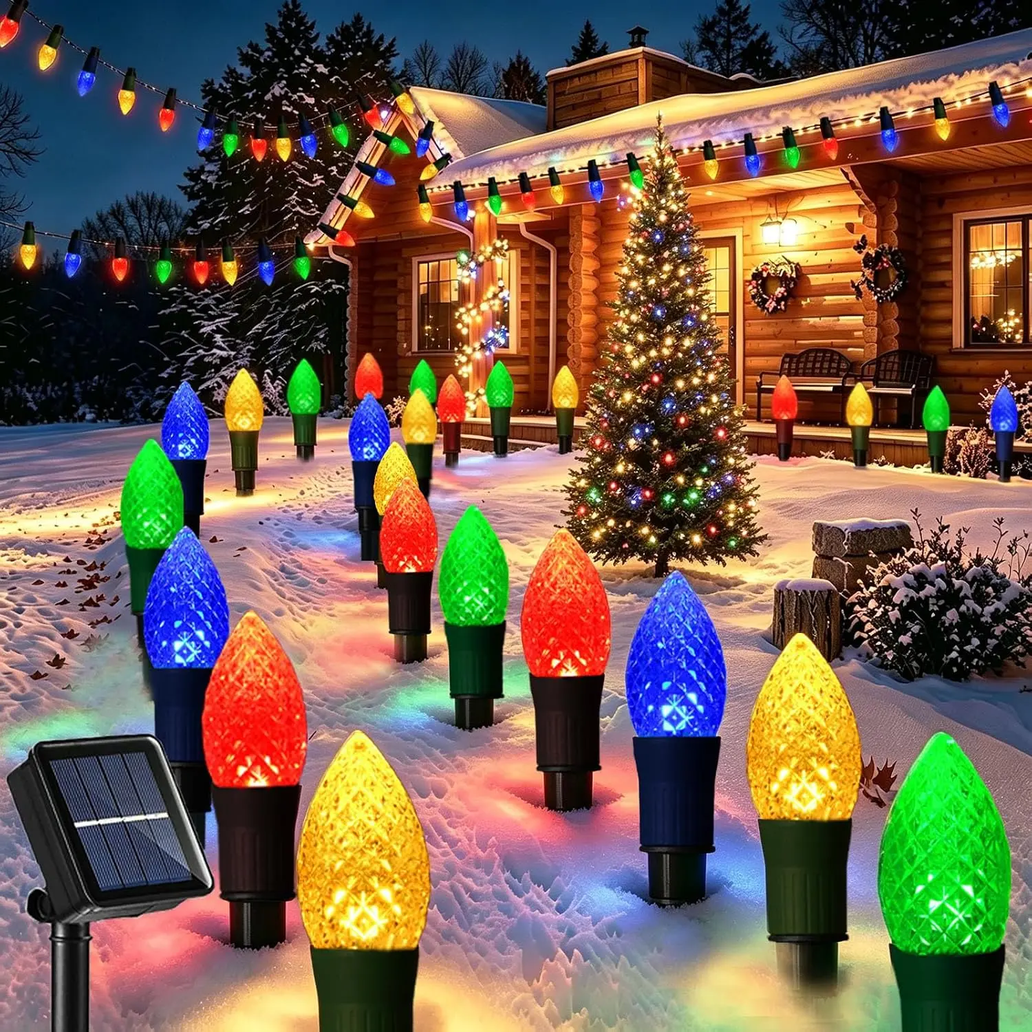 Solar Christmas Pathway Lights, 20 LED C9 String Lights with 20 Stakes, 23FT Solar  Multicolored Decorations for Roof, Yard, Patio, Walkway, Driveway