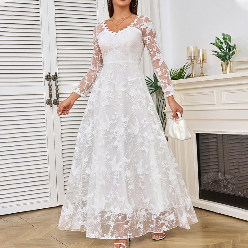 2026 New Style Women's Long-Sleeve Solid Color Sheer Lace Wedding Dress Bridal Gown