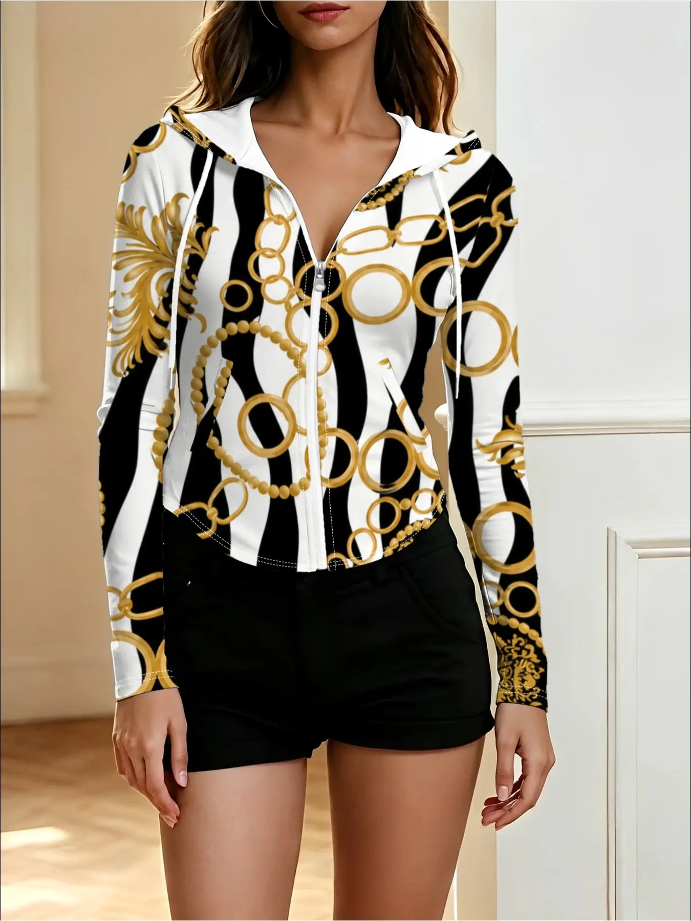 #GlamStyle Women Black White Zebra Stripe Gold Chain Print Cropped Zip Hoodie, Slim Fit Long Sleeve Jacket,Women's Slim Zip Cardigan, Casual Printed Hoodie, Zip Up Hoodie, Women's Lightweight Zip Jacket