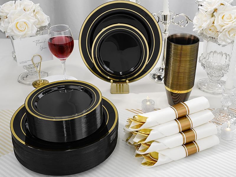 350 PCS Black Plastic Dinnerware Set for 50 Guests, 100 Disposable Plates for Party, 50 Pre Rolled Napkins with Gold Silverware, 50 Cups for Graduation