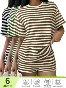Womens Striped 2 Piece Outfits Casual Short Sleeve Shirts Tops Knit Shorts Sets Workout Tracksuits Matching Sets Summer Knit Set Womenswear#summervibe