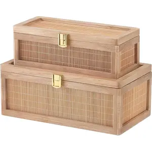 Natural Bamboo Decorative Box with Lids, Unique Decorative Boxes Set of 2, Boho Wedding Keepsake Box, Memory Box with Lid for Crafts, trinkets and Photo Storage