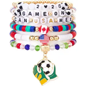 6 count Soccer Bracelets for Women Girls - Stackable Beaded Stretch |  Day Spirit , Soccer Fan Accessories, Gifts for Mom Players Coaches Fans Team