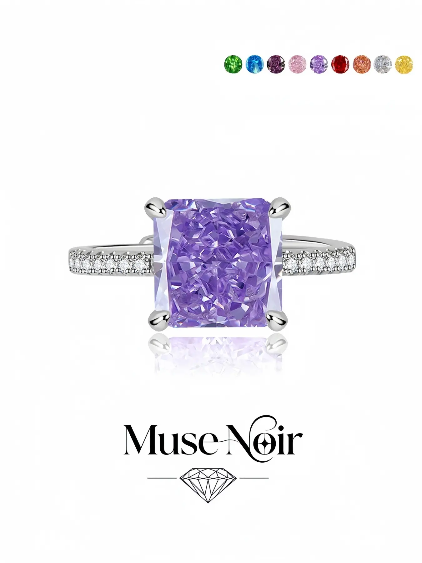 Radiant Cut Amethyst Dazzling Ring, adjustable band with geometric square goose-purple ice-cut high-carbon stones. Sparkly stylish jewelry for dates, daily outfits, vacations and formal dinners.