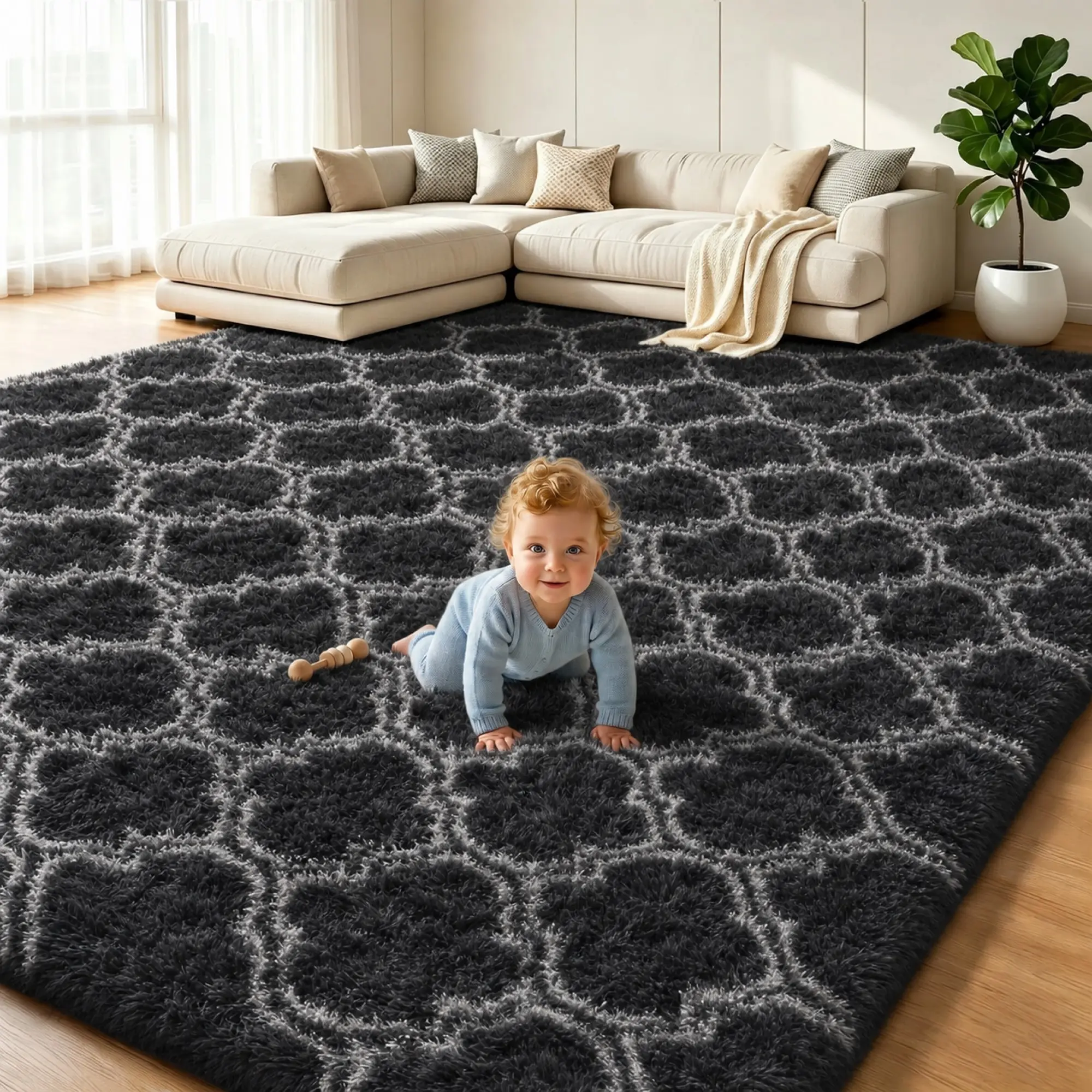 Large Size Shaggy Rugs, Big Plush Area Rug, Non-slip Soft Fluffy Carpet Mats for Livingroom Bedroom Nursery Home Decor Gray Lantern Pattern