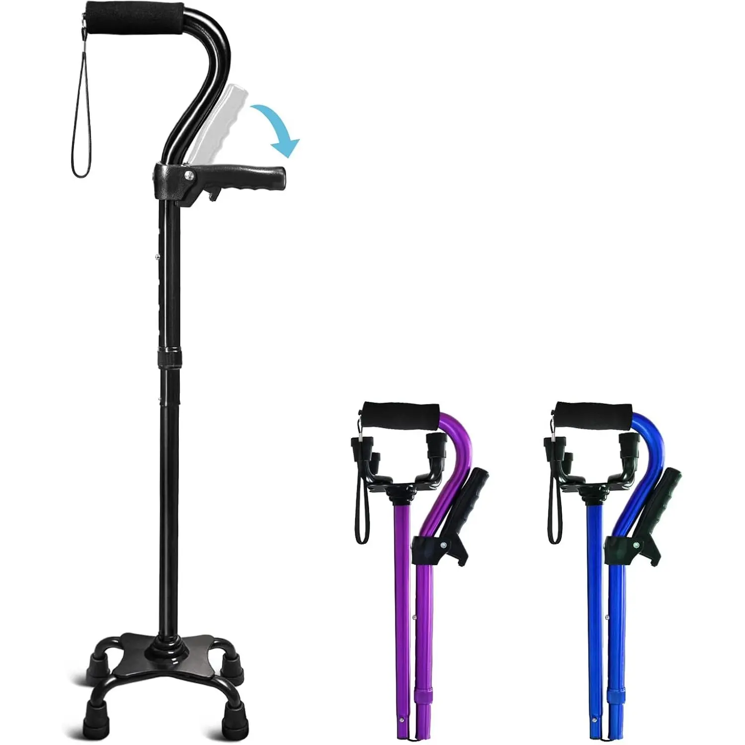 Adjustable Walking Cane Mobility Aid for Seniors - Aluminum Alloy, Lightweight, Foldable, 4-Pronged Base for Extra Stability, Foam Padded Offset Handle for Comfortable Grip, Second Handle for Standing