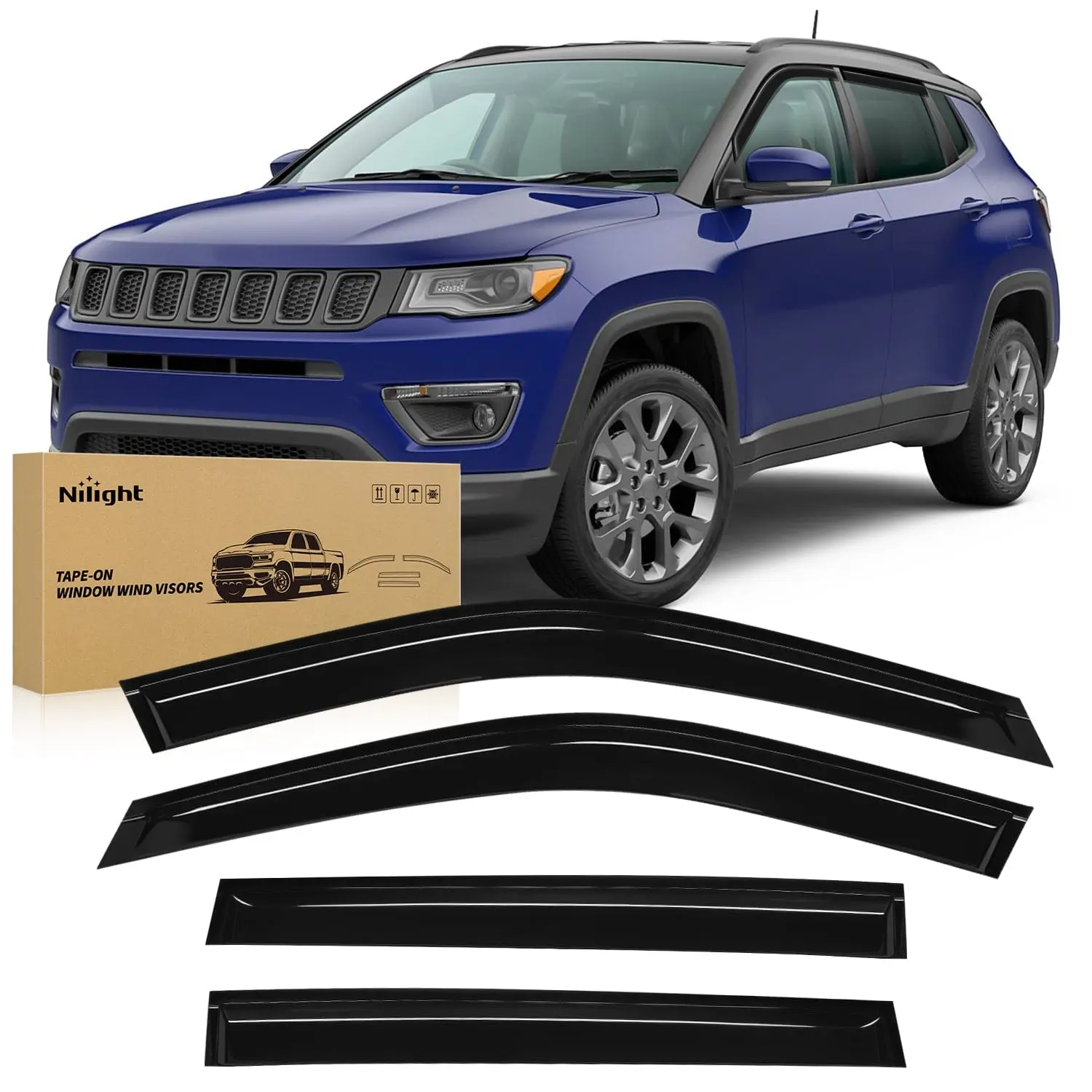 Nilight 4PCS Tape-On Window Rain Guards for Jeep Compass 2017-2024, Automotive Wind Side Window Deflectors & Visors, Heat Bonding, Fog Prevention, Car Exterior Accessories, Car Accessories