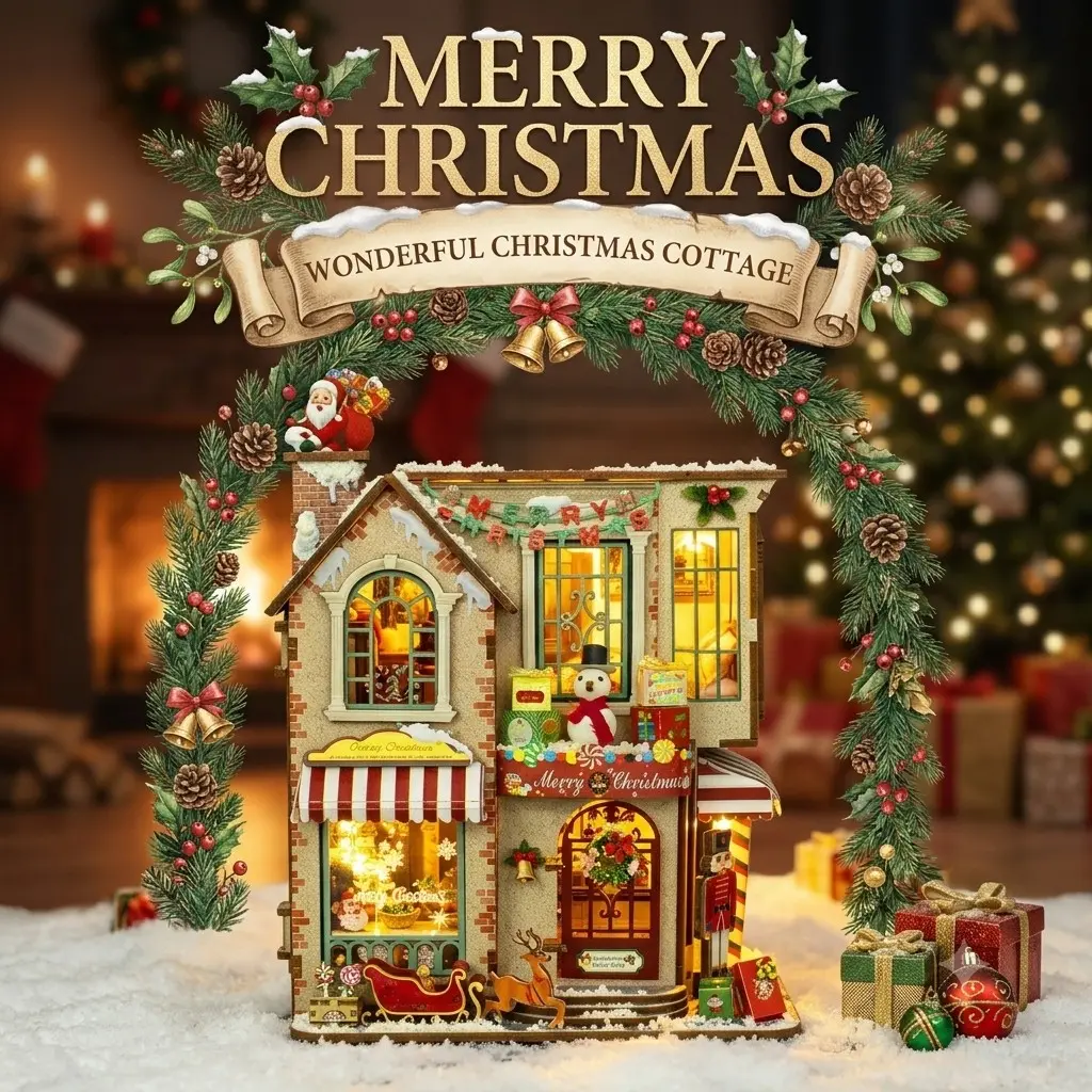 Enchanted Christmas Miniature Diorama Kit, 3D Wooden Book Nook Shelf Insert, Holiday Room Decor & Desktop Ornament