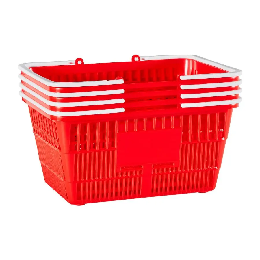 VEVOR Shopping Baskets, 4 PCS, 21L Stackable PE Plastic Grocery Baskets with Handles, Dense Mesh Structure, Holds up to 20 lbs, Portable for Grocery, Retail, Stores, Supermarket, Home Use, Red