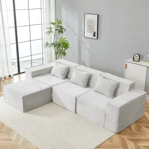 Aobtkel L-Shaped Modular Sectional Sofa - Comfy Couch, Smart Furniture, 3-Seater with Ottoman, Striped Corduroy Fabric, High-Density Foam Cloud-Like Sofas & Couches for Home, Office (Light Gray)