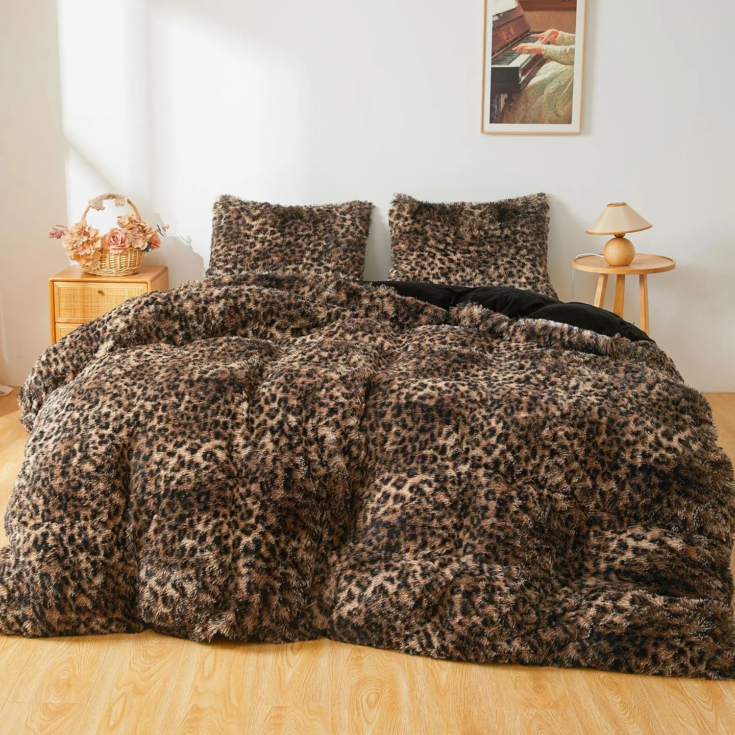 Leopard Print Queen Size Faux Fur Duvet Cover Set - 3-Piece Luxury Farmhouse Bedding, Soft Shaggy Plush Comforter Cover, 2 Pillowcases, Zipper Closure, Brown & Black Bedding for Queen Beds, Comforter Queen Size