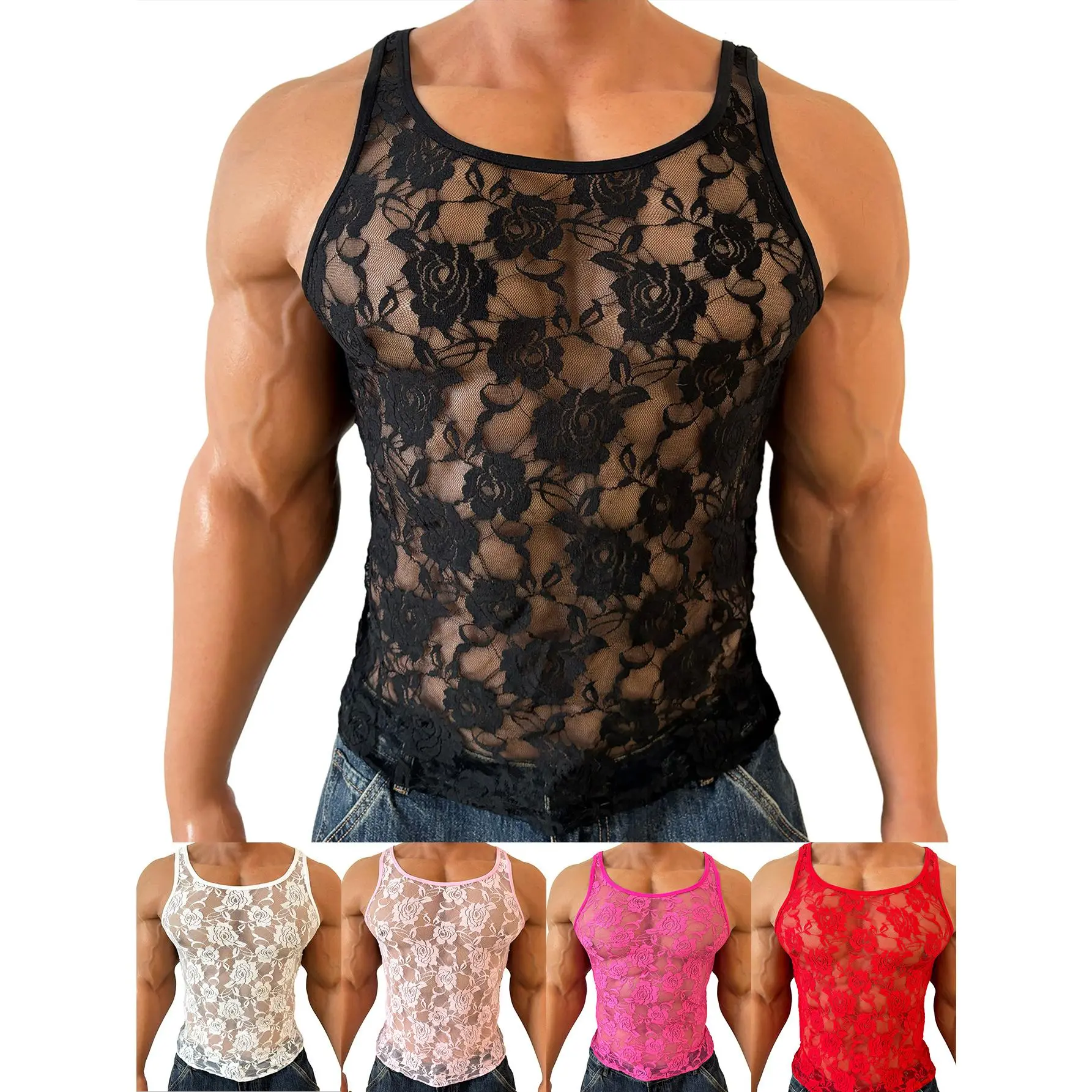 Men's Stretch Rose Lace Tank Top - Breathable, Tight-Fitting Round Neck Undershirts for Nightclub, Concert Wear, Breathable Undershirts, Stretch Tank Top, Snug Cut