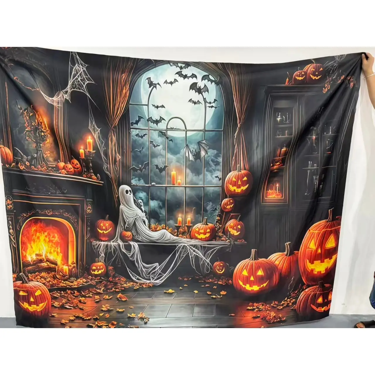 2D flat banner 1pc, Halloween fireplace ghost themed background banner, made of polyester material, suitable for indoor/outdoor/garden decoration, Halloween decoration, home decoration, Party backdrop decoration