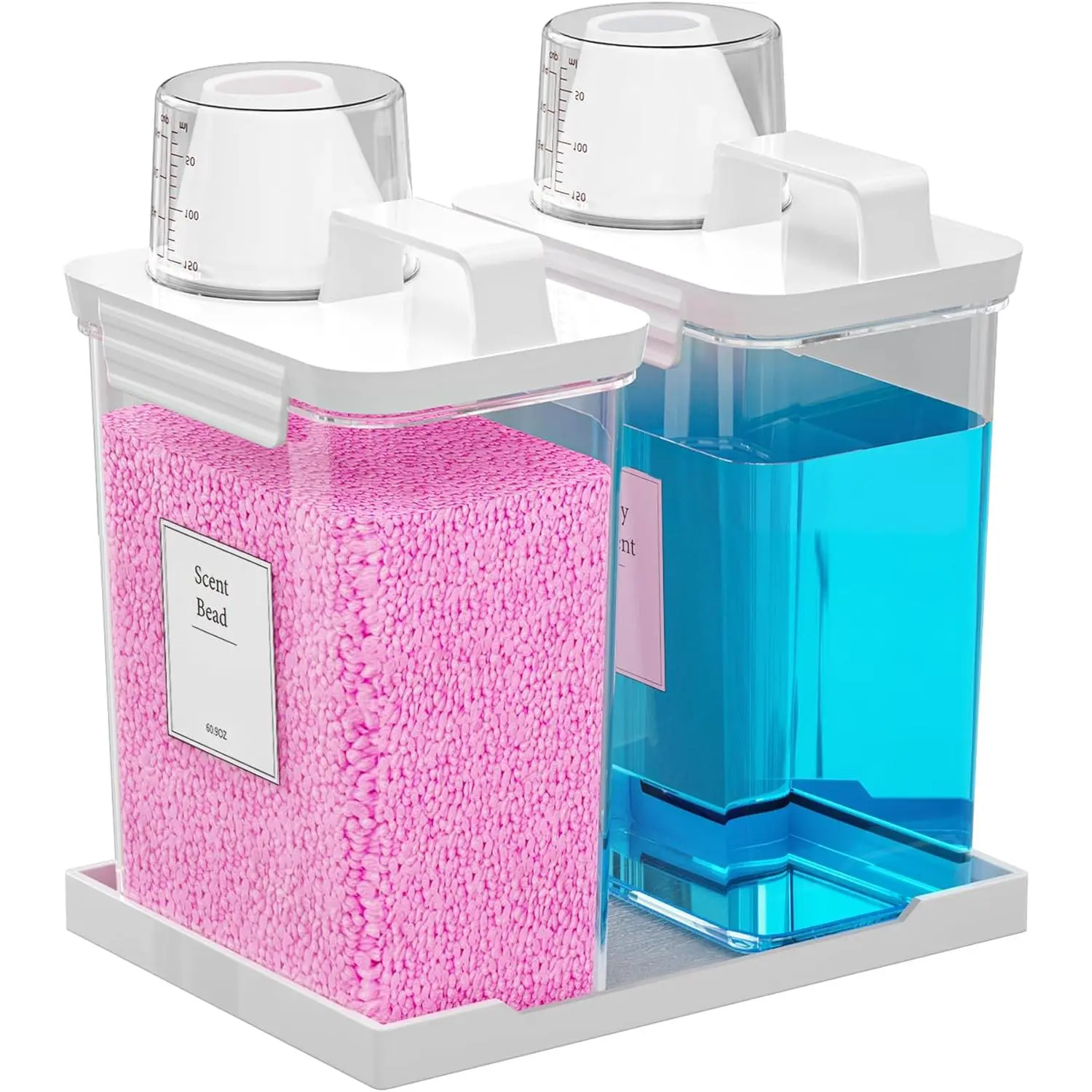 61OZ Laundry Detergent Dispenser Container, 2 Pack Liquid Laundry Dispenser, Plastic Detergent Dispensers for Laundry Powder/Fabric Softener with Tray 6 Labels, Clear,home