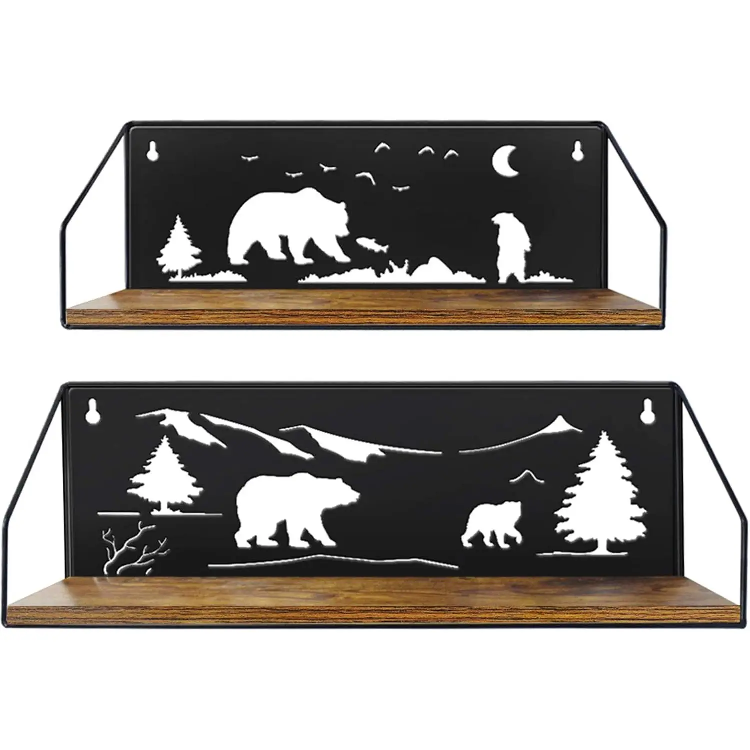 Giftgarden 2-Piece Hanging Floating Shelves, Cute Bear Cutout Rustic Wooden-Iron Wall-Mounted Storage Solutions for Small Space Decor (Bathroom, Bedroom, Living Room), Black, Two Pieces