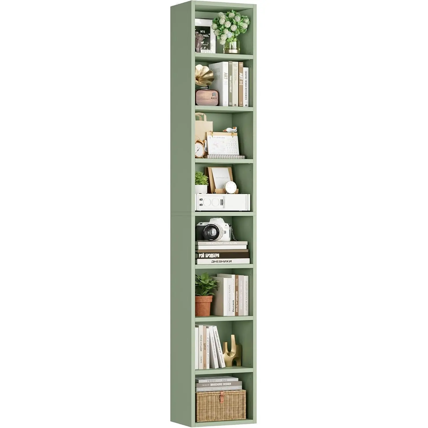 Bookshelf Bookcase 8-Tier Narrow Bookshelf Tall CD Media Tower Rack | 11.6 X 9.3 X 70.9 Bookshelf, Tall Narrow Slim Skinny Display Bookcase with Cube Storage and 4 Adjustable Shelves, Green