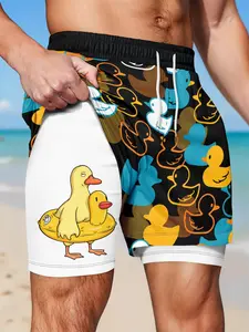 Men's Two-In-One Quick-Dry Swim Trunks, Cute Cartoon Duck Print Beach Shorts, Summer Casual Swimming Pants, Fun and Creative Design, Printed Swim Trunks