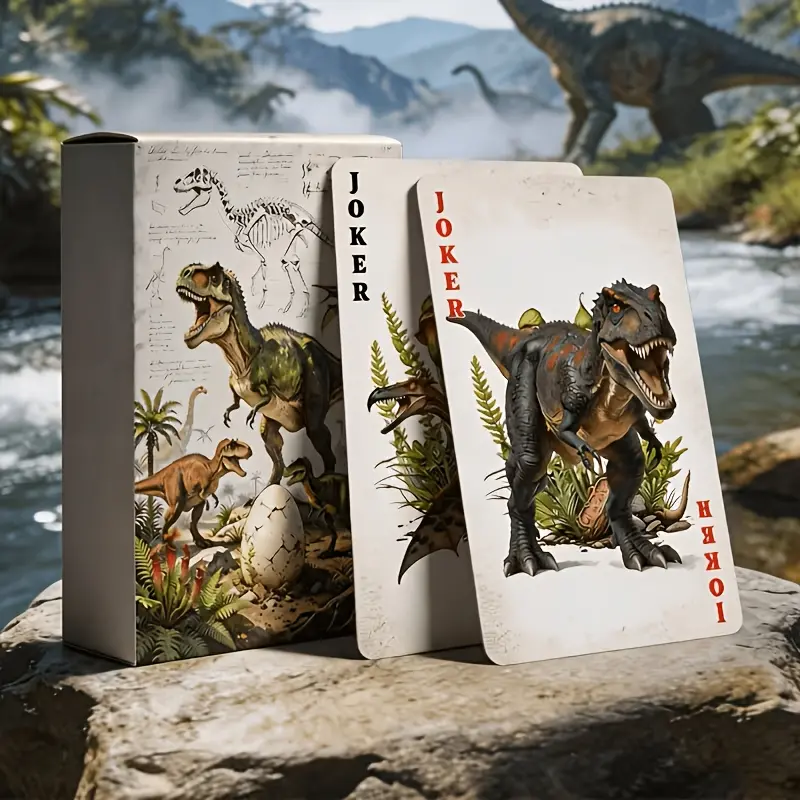 Dinosaur Playing Cards, 54 Cards, Each with a Unique Design. Made of High-quality Coated Paper with a Matte Laminated Finish. Thickened Paper for Smooth Shuffling. Portable and Convenient for Family Gatherings and Parties. A Fine Piece of Art