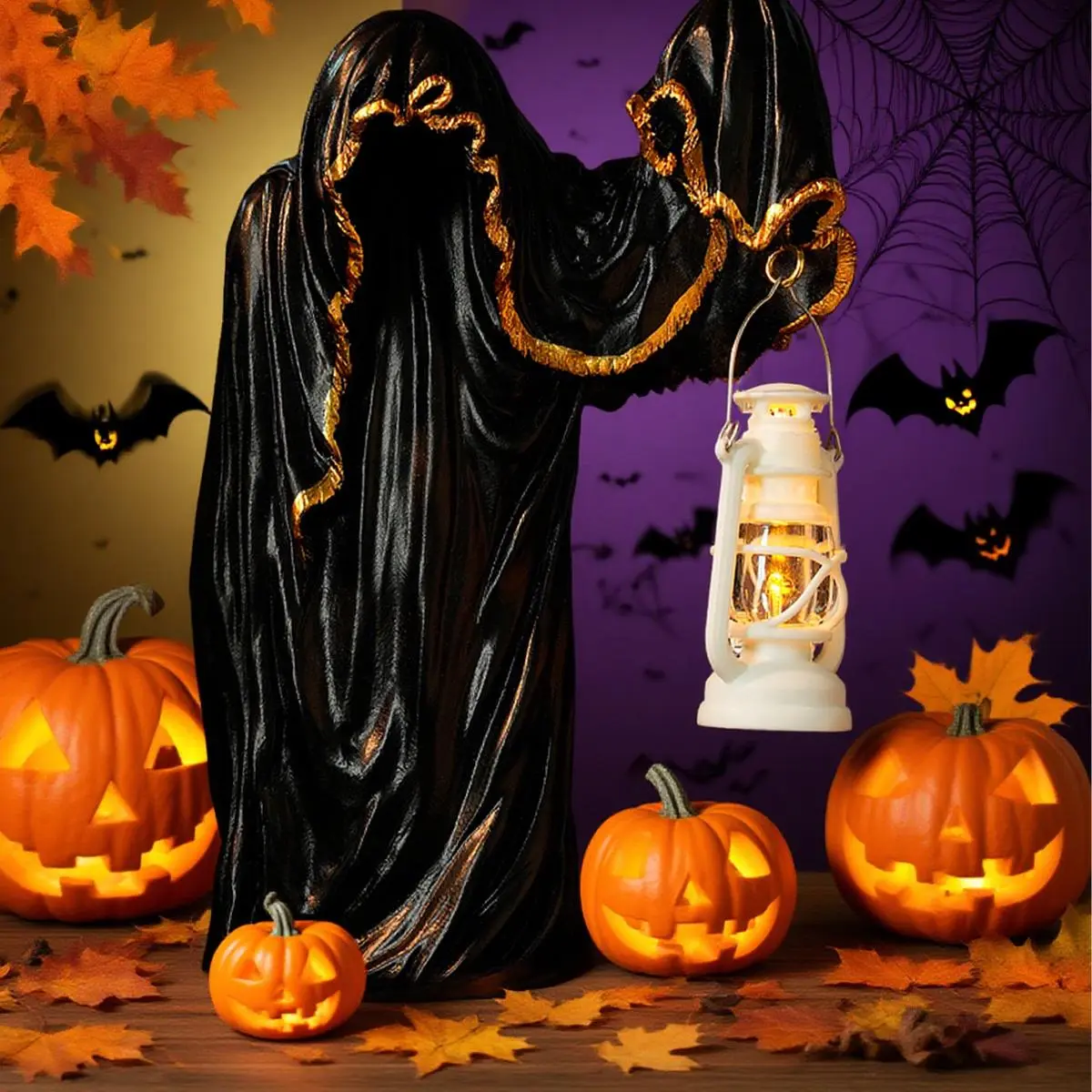 Handcrafted Resin Halloween Wizard Lantern Statue with Light - Retro, Magical Hooded Robed Figure, Dynamic Scene, Floating Ghost, Hell Messenger Design, Home Decor Ornaments for Halloween Atmosphere Enhancement, Single