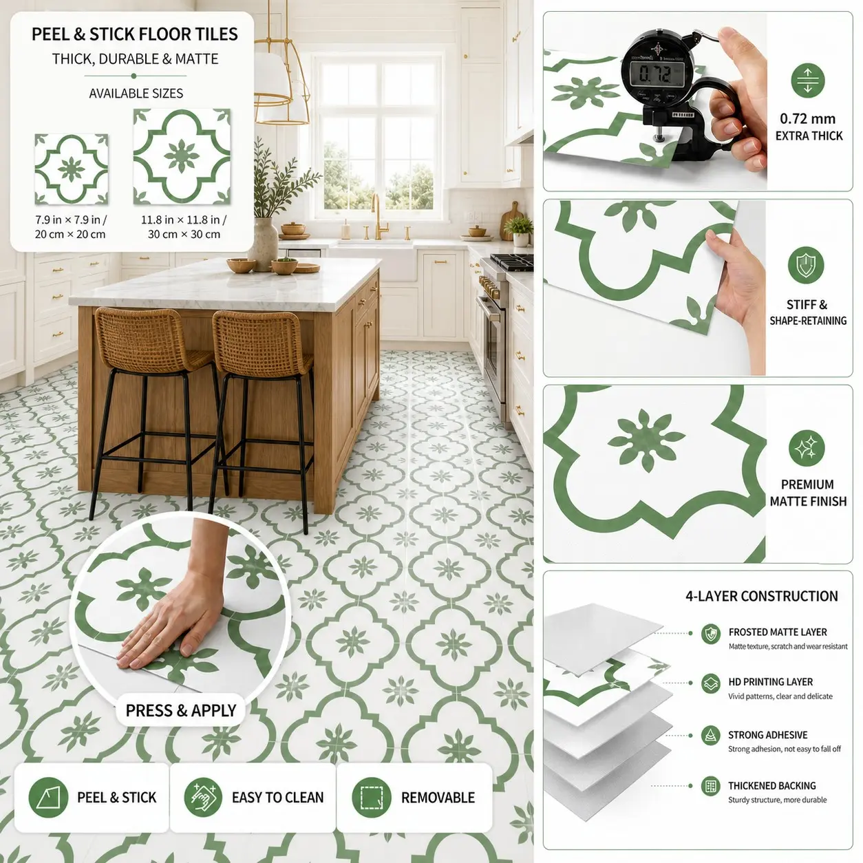 24pcs Self-Adhesive PP Floor Tiles, Waterproof, Oil-Resistant, Geometric Patterns, Ideal for Living Room, Kitchen, Bathroom, Commercial Use
