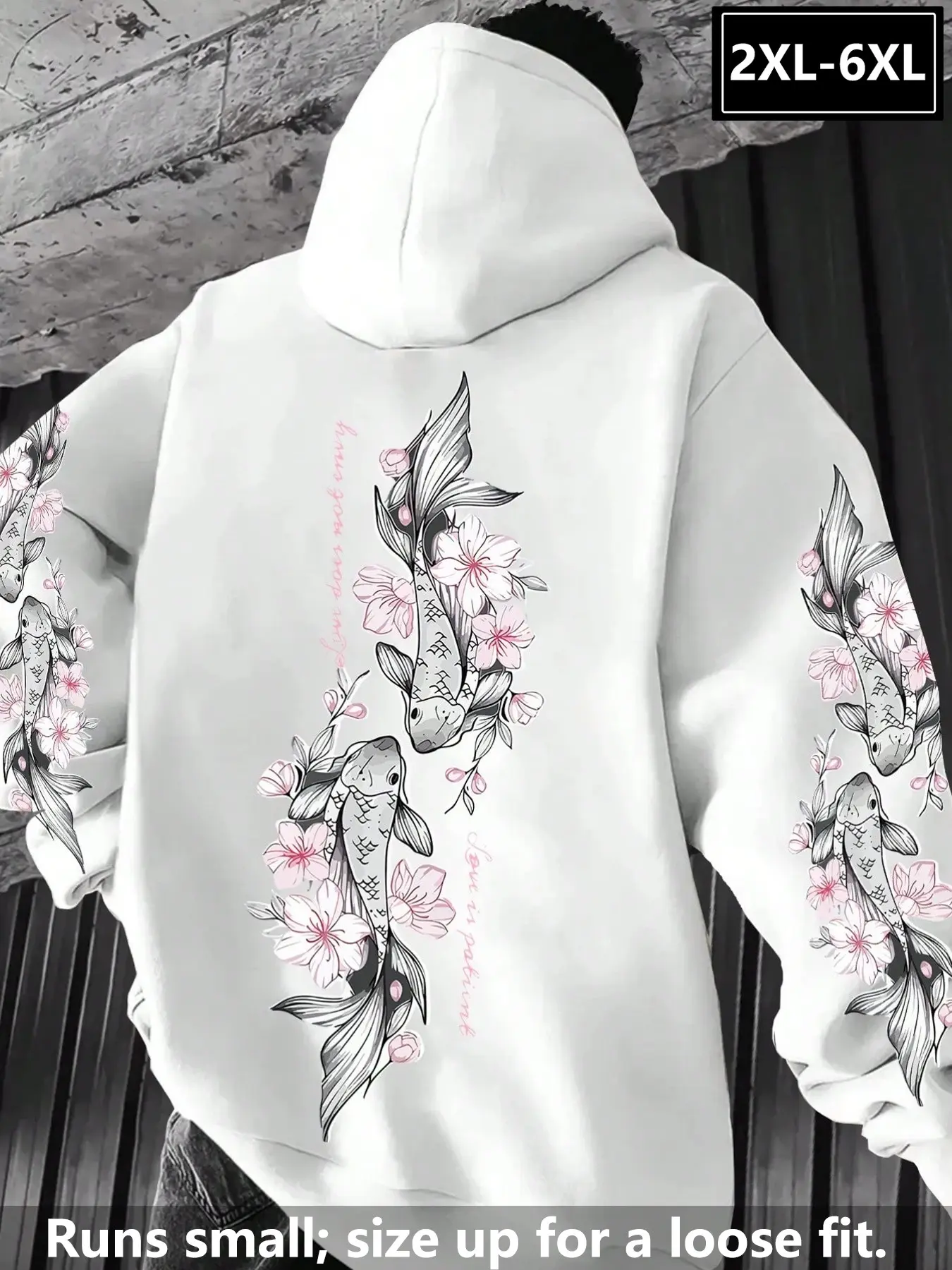 Large Size Men's Koi Cherry Blossom Graphic Print Hoodie Sweatshirt, 2xl-6xl, Loose Fit, Baggy, Soft Fabric, Slimming Effect, Versatile Casual Street Style, Fall & Winter