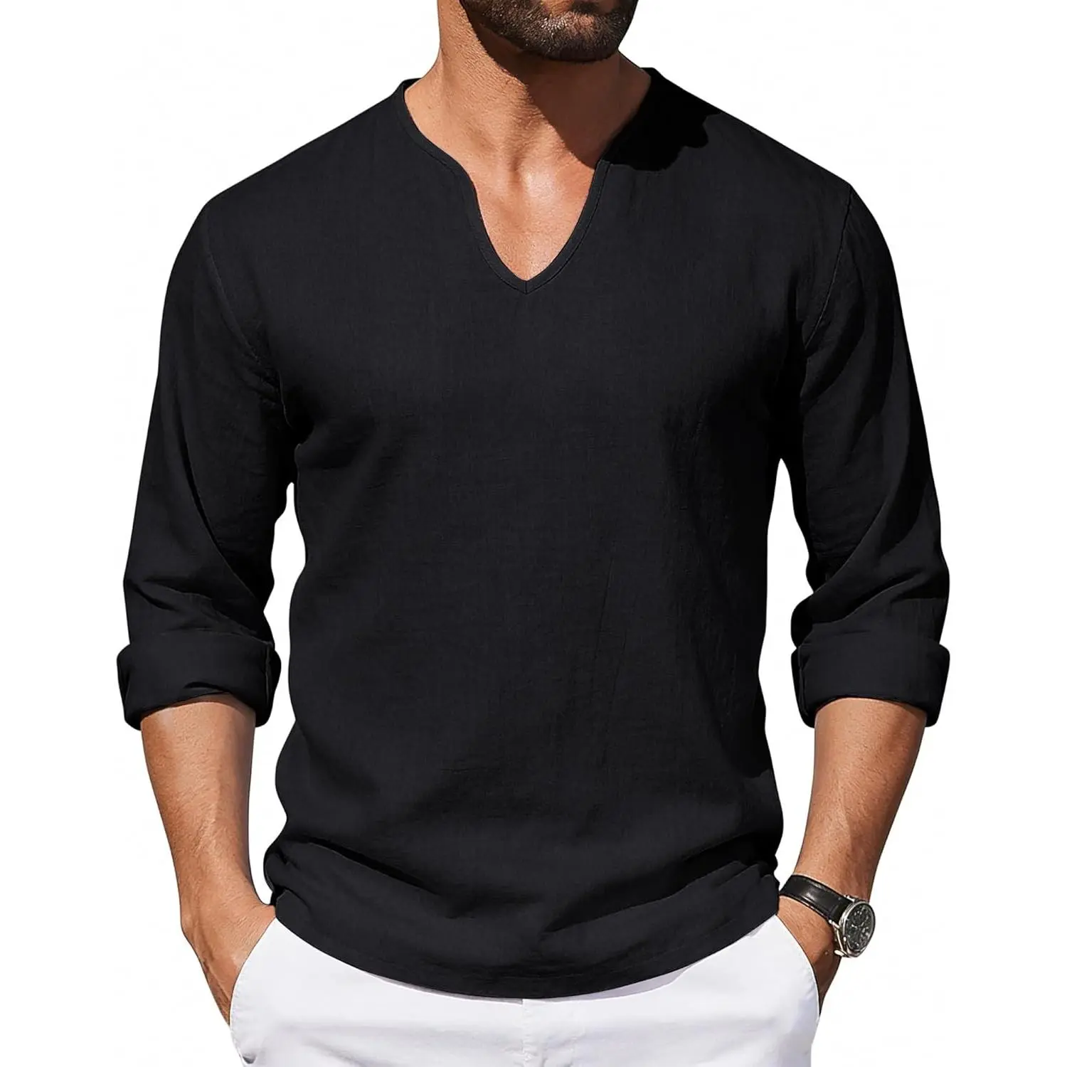 Men's Cotton Linen V Neck Shirt Casual Long Sleeve Summer Beach Yoga Tops Loose Fit Lightweight Hippie Outfits
