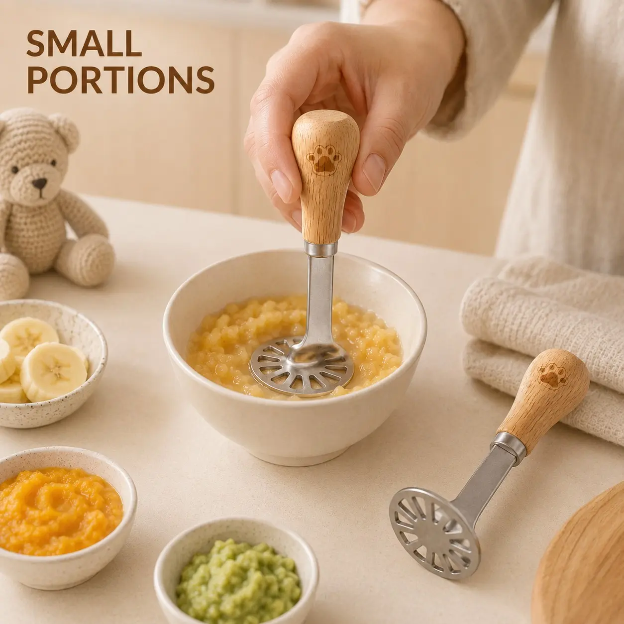 2PCS Mini Potato Masher, Stainless Steel Food Press with Wooden Handle, Small Handheld Masher for Potatoes, Avocado, Eggs, Baby Food, Vegetables and Kitchen Cooking