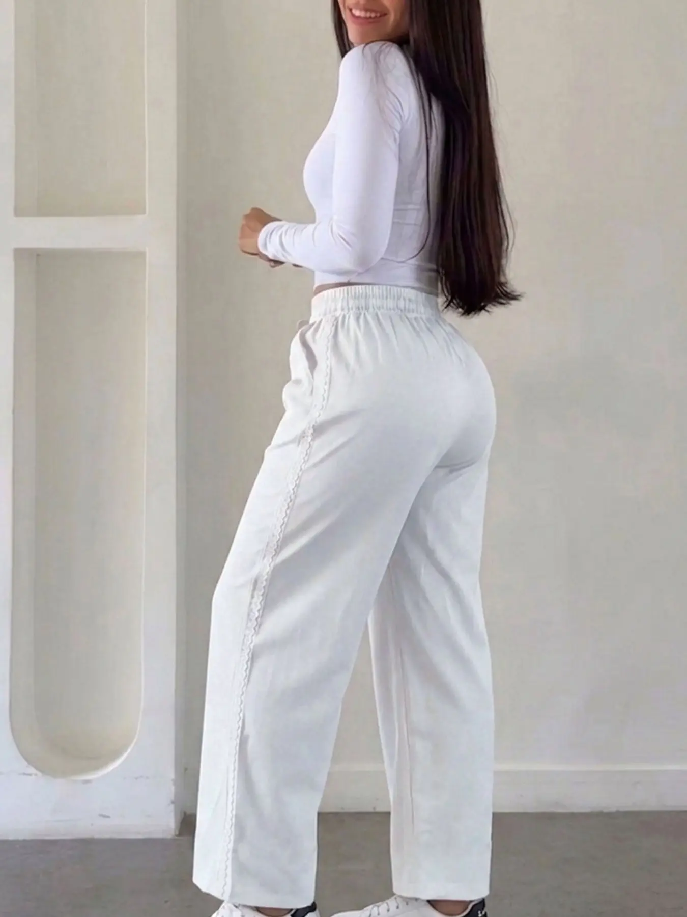 Women's High-Waisted Wide-Leg Casual Pants, Comfortable Elastic Fabric, Loose Straight Fit, Lace Trim, Drawstring Waist, Spring Summer Fall
