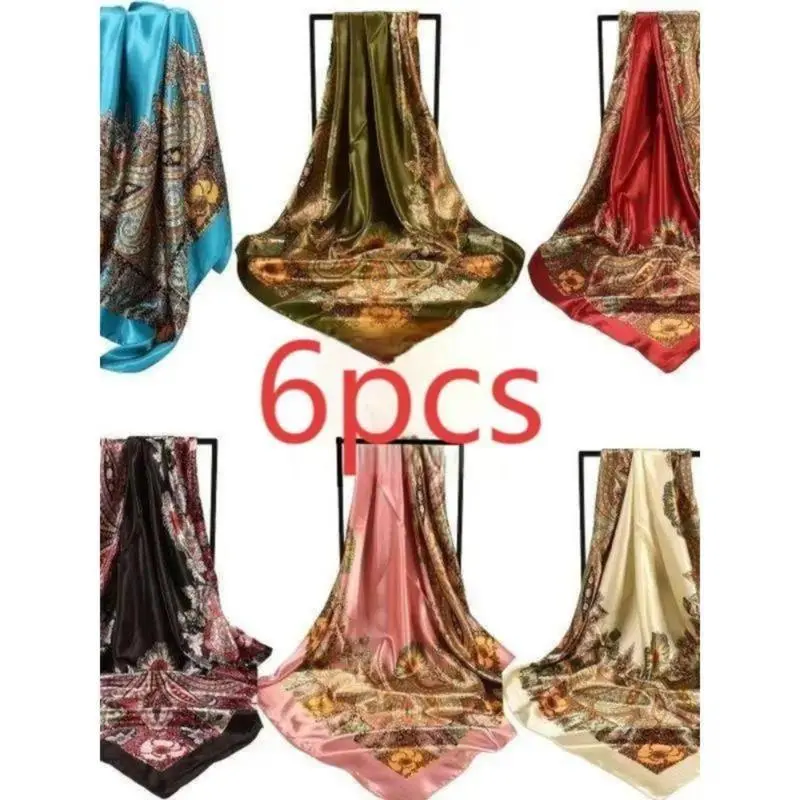 Women's 6pc High-Quality Woven Satin Scarf Set - Fitted Artistic Paisley Print Square Bandana, Lightweight Sun-Protective Headwrap for Casual Wear & All Seasons, High-Quality Woven Fabric, Square Size, Multi-Use Scarf, One Size