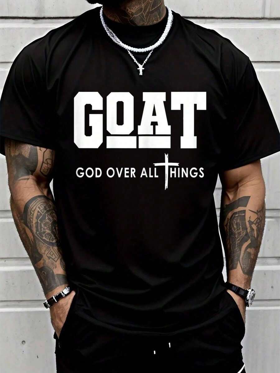 100% Cotton Goat God Over All Things Funny Jesus Christian Printed T-Shirt, Short-Sleeved Crew Neck Casual Top, Suitable For All Seasons, Men's Wear