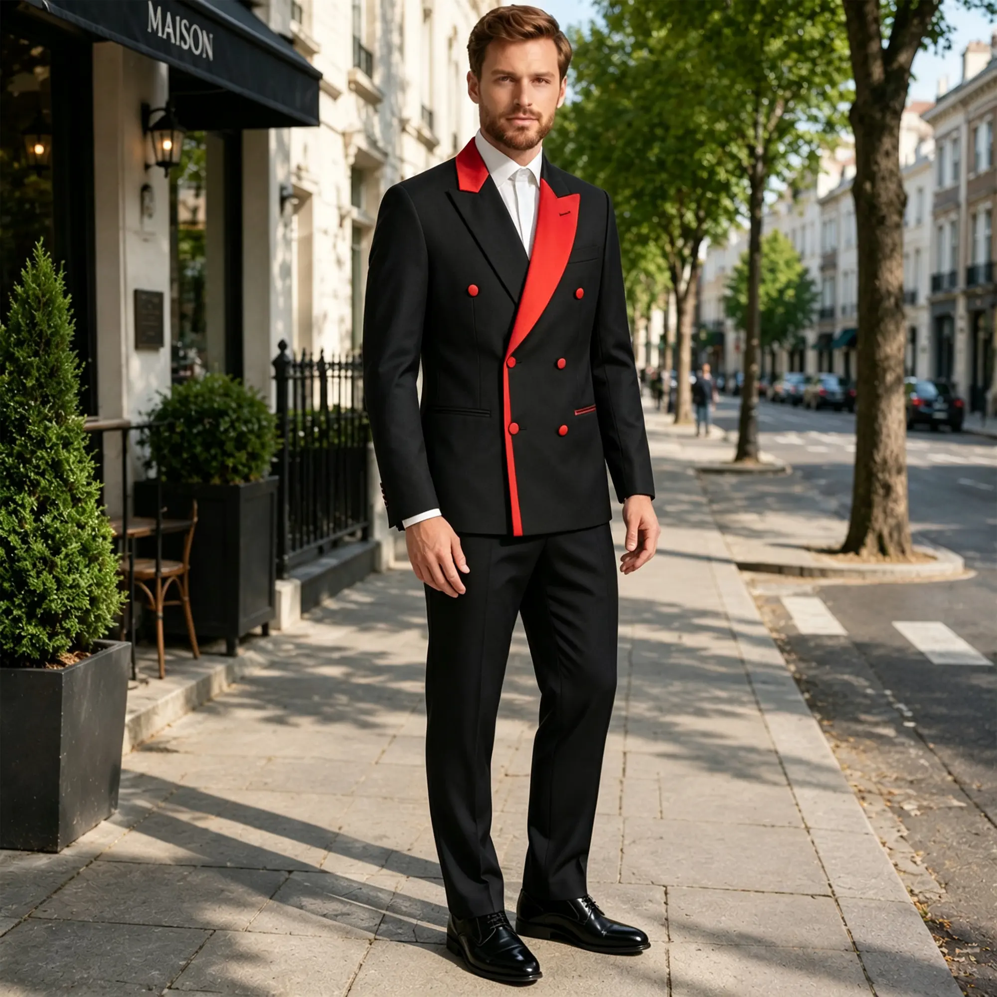 Elegant Contrast Color Double Breasted Suit Jacket, Red Black Lapel Formal Blazer For Special Events