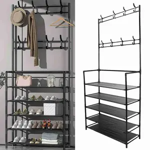 Modern Metal Freestanding Coat Rack, Simple Modern Shoe Bench with Coat Rack, Entryway Hallway Bedroom Clothing Storage Shelves with Shoe Rack, White/Black (100CM, 5 Tiers)