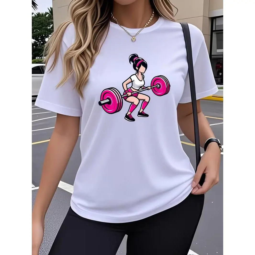Cartoon Fitness Weightlifting Women Graphic T-Shirt, Gym Girl Barbell Workout Tee, Strong Women Fitness Lover Casual Short Sleeve Top, Basic Tee, Cotton