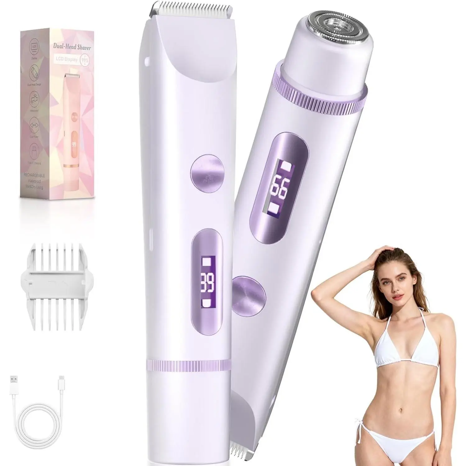 Women's 2-in-1 Body Hair Trimmer and Shaver - Painless Waterproof Electric Razor with Hypoallergenic Blades for Smooth Shaving, Precision Trimming of Silky Legs & Underarms