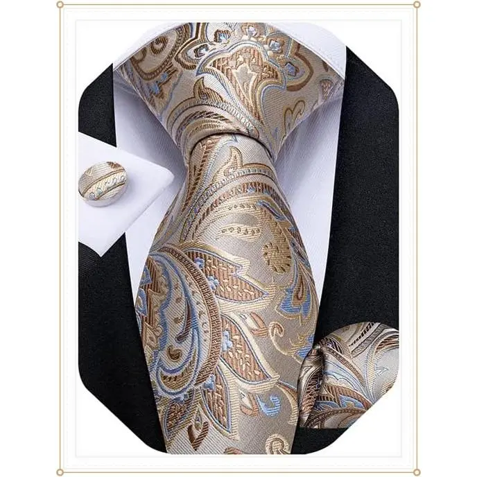 Mens Tie Set Silk Solid Paisley Necktie and Pocket Square Cufflinks Classic Formal Ties for Men Wedding Party