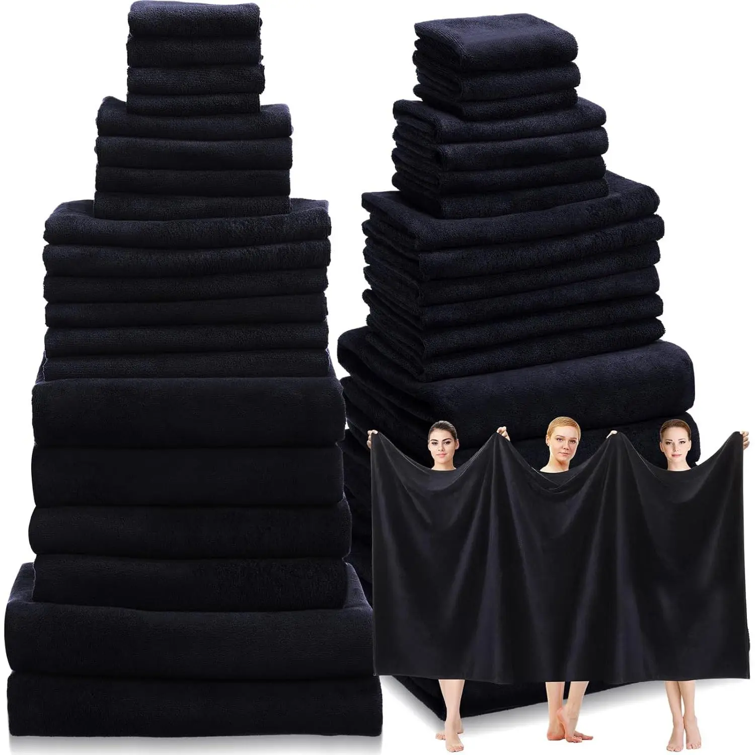 Piece Black Microfiber Absorbent Towel Set: 2 Bath Sheets, 4 Bath Towels, 6 Hand, 8 Washcloths, 4 Fingertip for Bathroom Spa Gym Camping Beach, Face Towel, Adult