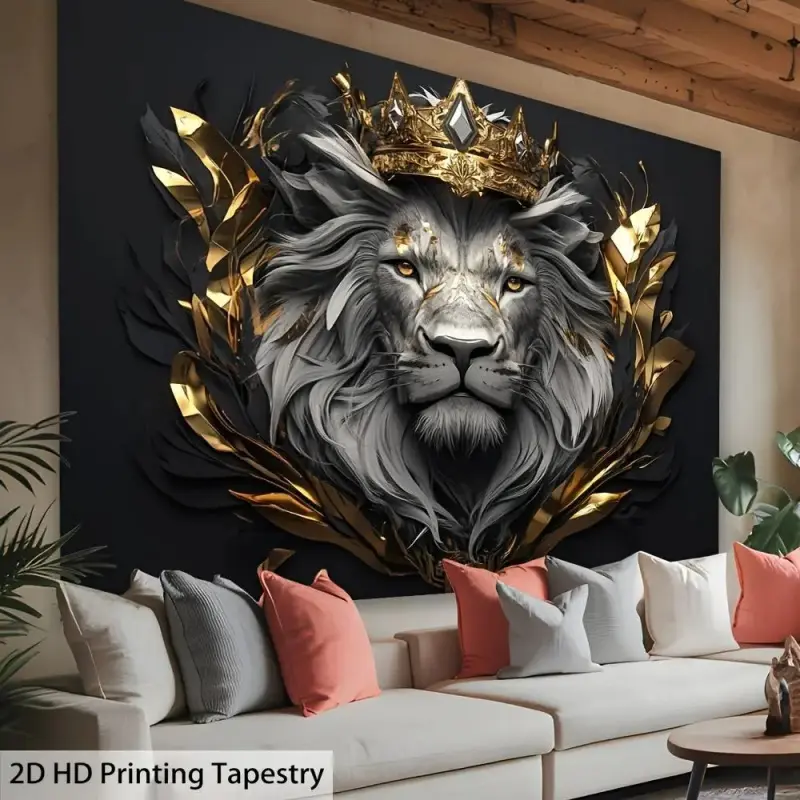 1PC,2D Flat Luxury Black Gold Crown Lion Tapestry, Decorative Tapestry, Artistic Stereo Printed Wall Hanging, Home Decor & Photography Backdrop, HD Printing, Unique Design