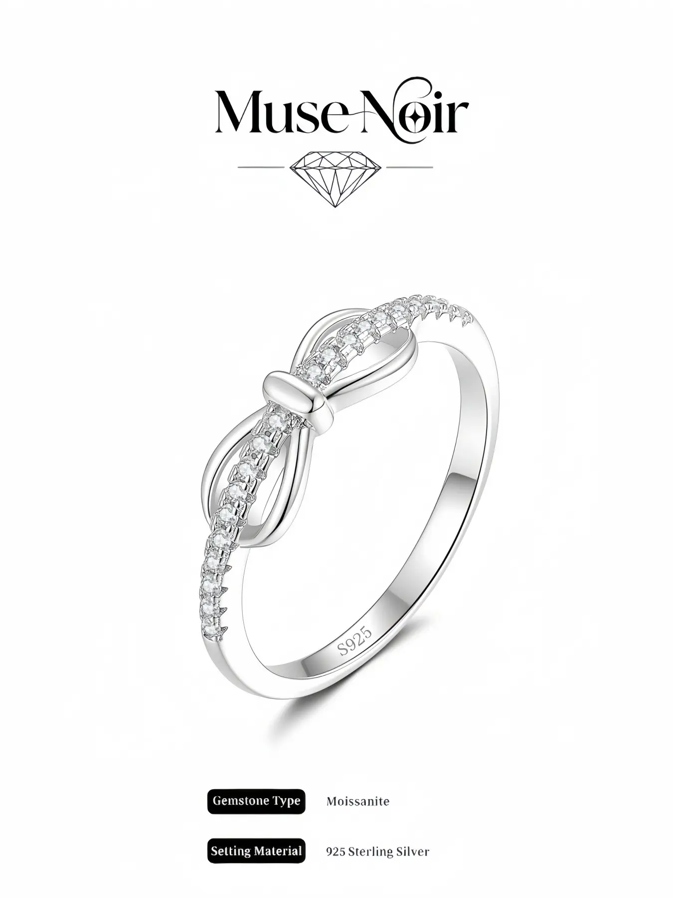 S925 Sterling Silver Elegant Bow Ring inlaid with D-color lab-grown moissanite, ideal gifts for birthdays, wedding anniversaries and Christmas
