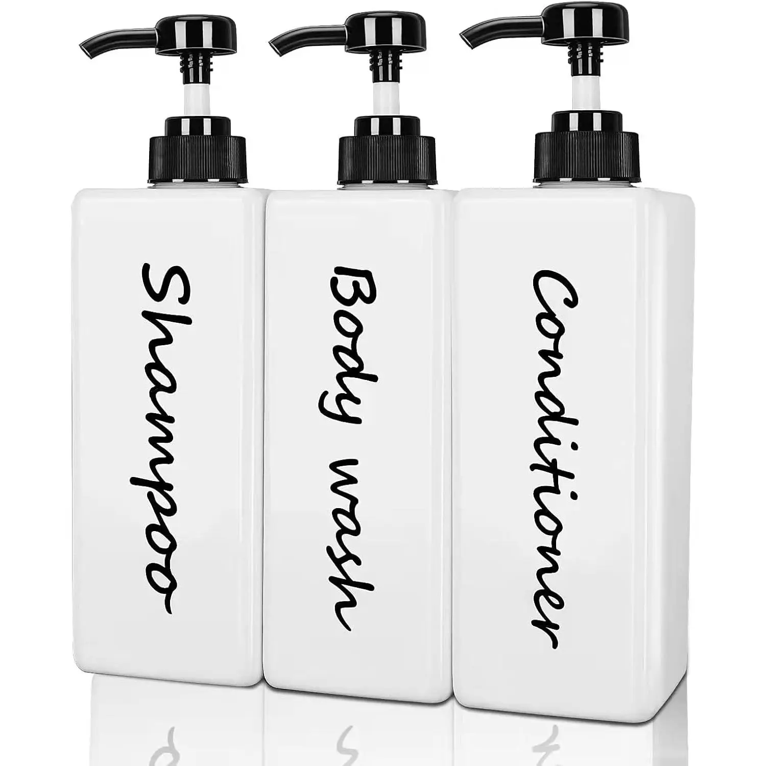 Shampoo and Conditioner Dispenser (Set of 3, 21oz) Modern Refillable Shampoo Pump Bottles for Shower Soap - Empty  Wash Dispenser Set for Bathroom