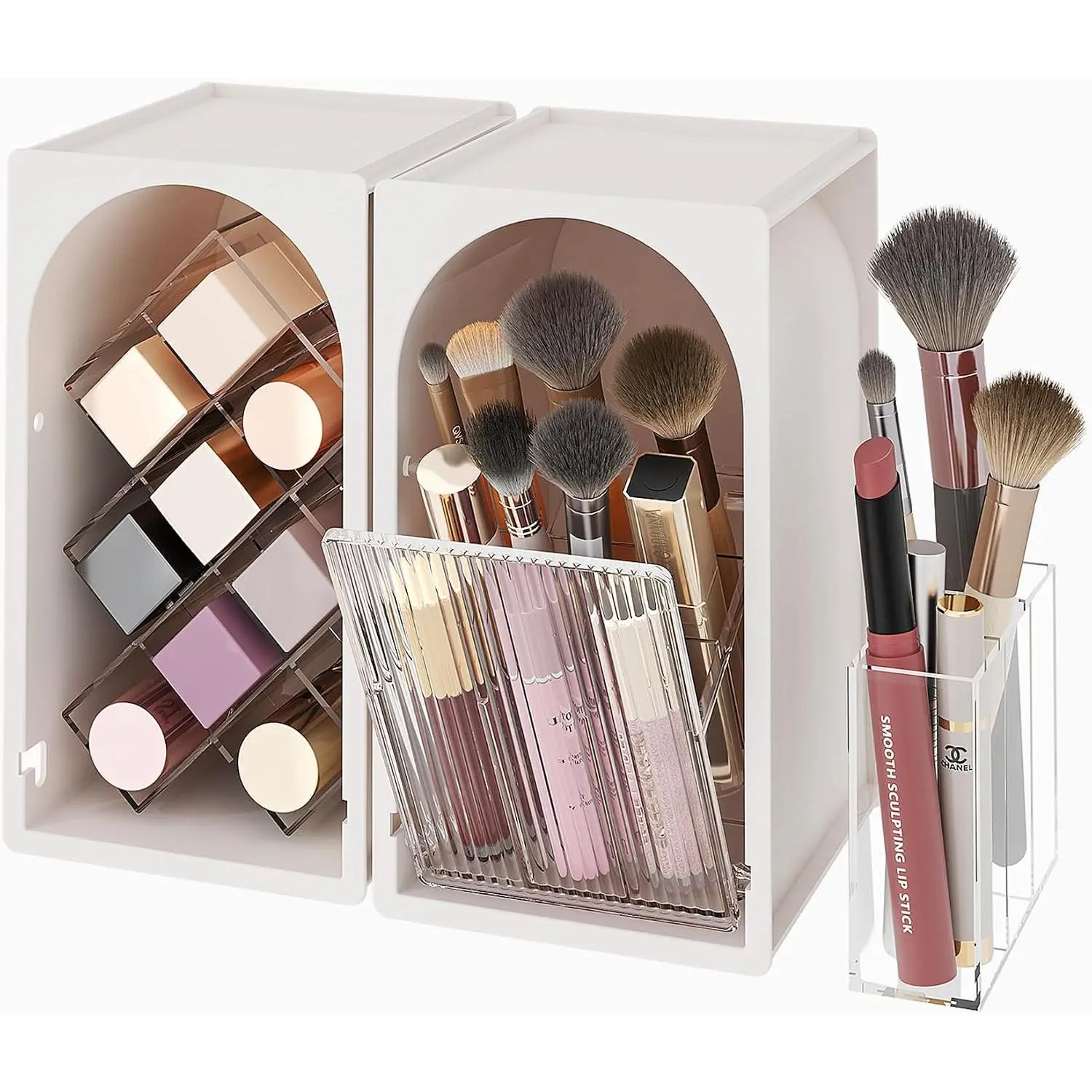 Compact Makeup Organizer for ,Lipstick Holder with Grid & Makeup Brush Organizer with Flip Drawer, Organizer Set for ,Brushes,Lipsticks,Milk White & Clear