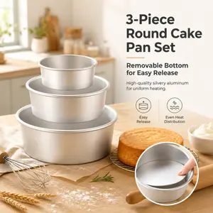 3-Piece Round Aluminum Cake Pan Set with Removable Bottoms, Even Heat Distribution, Easy Release for Baking Layer Cakes, Cheesecakes, and More